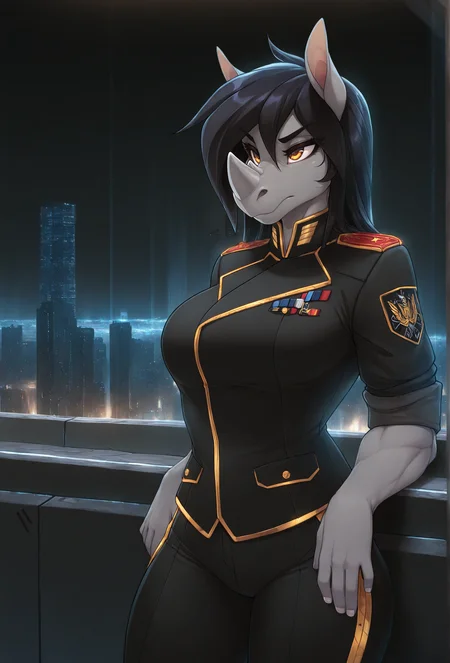 (masterpiece, best quality, very aesthetic, absurdres:1.2), <lora:fluffkevlar_style_illustrious_v1.7:1>, fkstyle, 1girl, solo, furry, rhinoceros, grey skin, amber eyes, muscular female, muscular, sleeves rolled up, black jacket, black pants, black hair, military uniform, black background, black theme, city, gold trim, science fiction,