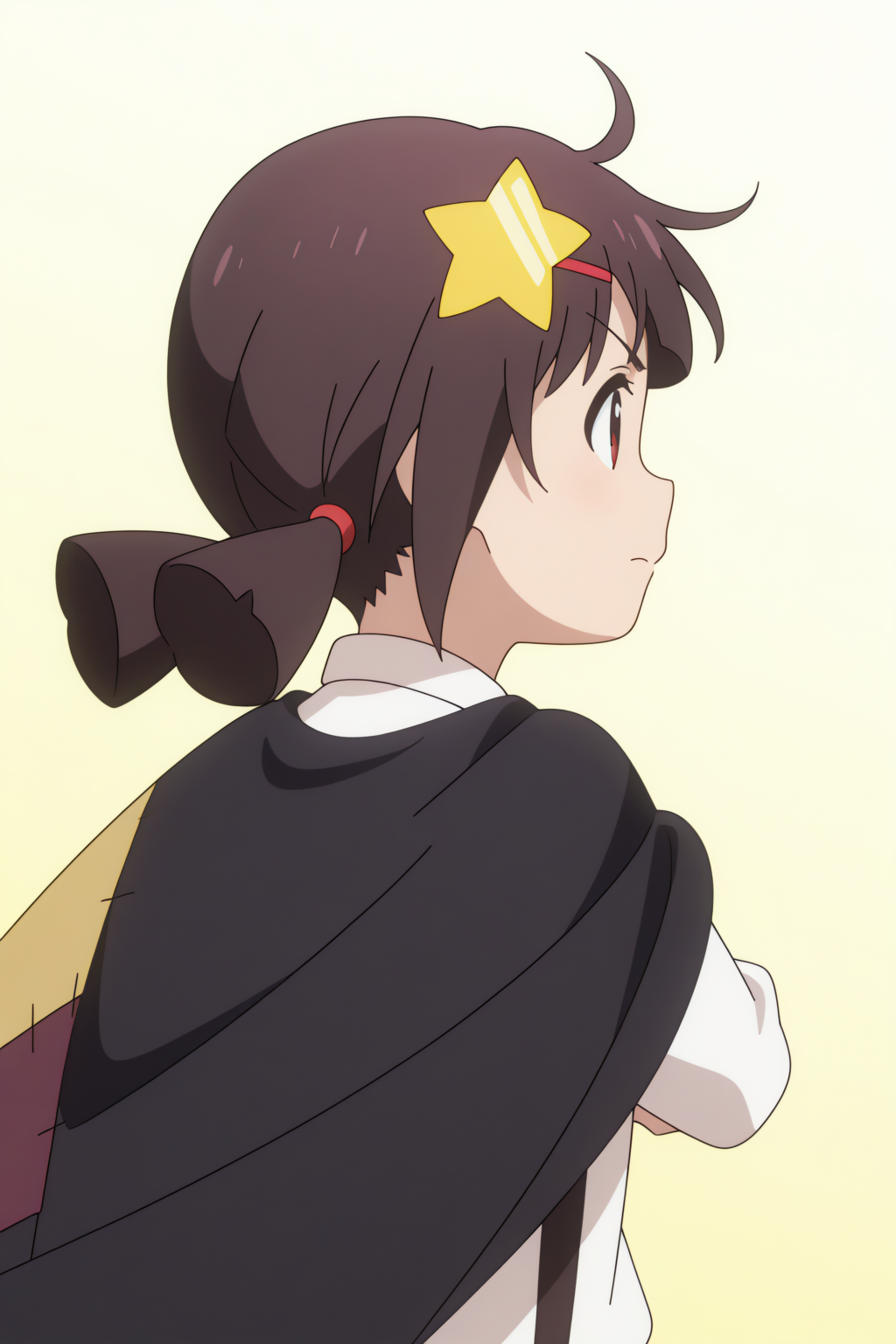 dynamic pose,  Komekko,  twintails, star hair ornament, short hair,  cape, suspenders, red ribbon <lora:Konosuba_Bakuen_-_Komekko_-_illustrious:0.8>