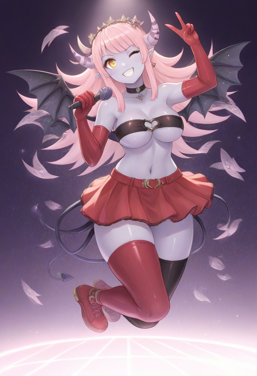 score_9, score_8_up, score_7_up,mgqsaki,1girl,demon girl,colored skin,dinamic pose,jumping,one eye closed,V,shiny skin,holding microphone,purple skin,demon horns,asymmetrical horns,wings,demon wings,yellow eyes,pink hair,long hair,(demon tail,multiple tails),stage background,thick thighs,strapless,underboob,hearband,choker,red skirt,red gloves,elbow gloves,asymmetrical legwear,thighhighs,smile,best quality,masterpiece
