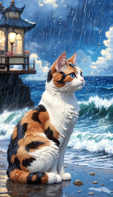 Anime style, Studio Ghibli inspired, beautiful calico cat enjoying the rain, scenic seaside background, vibrant blues, detailed waves and shoreline, peaceful atmosphere, soft lighting, whimsical and calming, gentle rain, high contrast, intricate textures