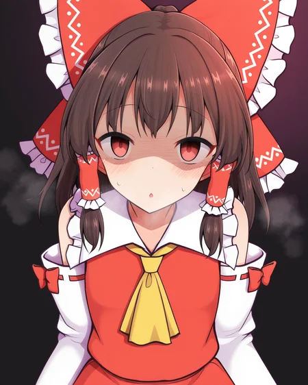 1girl, solo, hakurei reimu,brown hair,red bow,frilled hair tubes,red vest,yellow ascot,detached white sleeves,red skirt, hypnosis, mind control, empty eyes, teoi \(good chaos\), steam, smell, steaming body, looking at viewer, upper body, simple background, black background, masterpiece, best quality, very aesthetic, absurdres