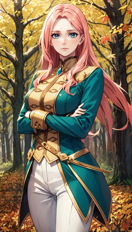photorealistic, (4k), depth of field, (Masterpiece), (realistic skin texture), extremely detailed, intricate, hyper detailed, professional photography, bokeh, high resolution, sharp detail, best quality, woman, long hair, pink hair, blue eyes, teal and gold military uniform, white pants, white pelt, <lora:GoodHands-beta2:1> , <lora:detail_slider_v4:0.8> , dynamic pose, (showing indifference), <lora:Eclair Seaetoo-000004:0.7> fall forest, autumn leaves, falling leaves, orange and red leaves, windy, dynamic lighting,