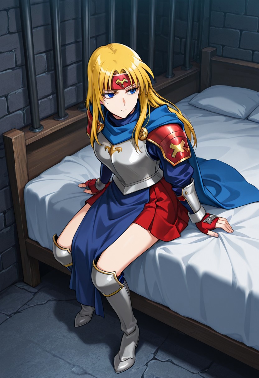 score_9,score_8_up,score_7_up,source_anime,5_figner,2d_animation,game cg,BREAK,1girl,solo,
Sonya,blonde hair,long hair,blue eyes,blue cape,armor,headband,shoulder pads,breastplate,shoulder armor,shoulder armor,pauldrons,red skirt,knee boots,
front view,,serious,scared,looking away,
sitting on bed,
prison,indoor,bed,fantasy,bed,
masterpiece,best qualit,ultra-detailed,illustration,an extremely delicate and beautiful,beautiful detailed eyes,unity 8k wallpaper,high resolution,anime CG,official_art,