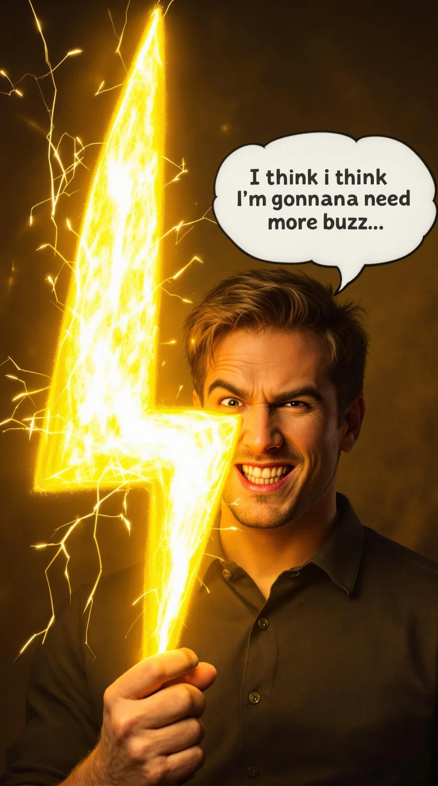 A photorealistic portrait of a person holding a comically large golden lightning bolt, looking playfully mischievous with a raised eyebrow and a thought bubble with the words "I think i'm gonna need more buzz..."