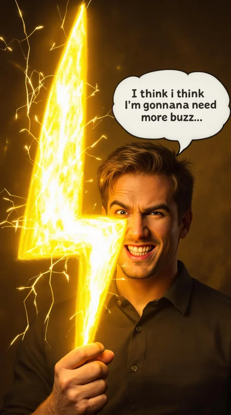 A photorealistic portrait of a person holding a comically large golden lightning bolt, looking playfully mischievous with a raised eyebrow and a thought bubble with the words "I think i'm gonna need more buzz..."