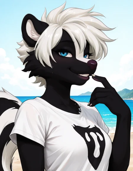 masterpiece, best quality, very aesthetic, absurdres,
outdoors,
headshot, posing,
shirt,
seductive smile, parted lips, long eyelashes,
<lora:Amberr_v02_NAIXL:1>
Amberr,1girl,solo,furry,furry female, skunk girl ,white hair, skunk ears, short hair, blue eyes, snout, animal nose, body fur, black fur, white fur, two tone fur, skunk tail,