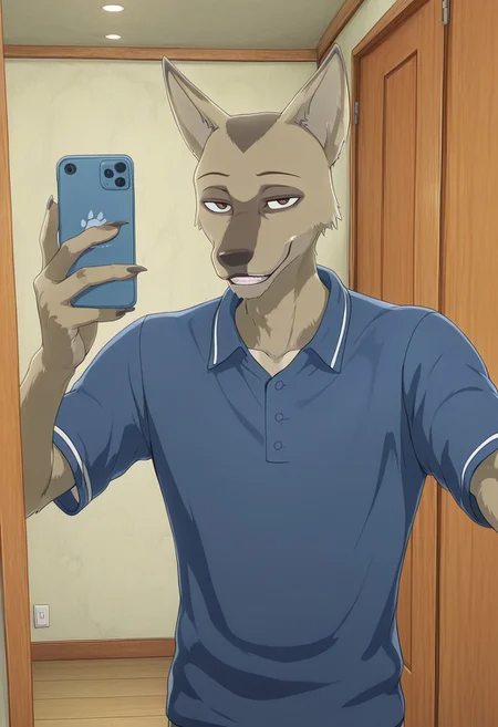 masterpiece, best quality, amazing quality, very aesthetic, absurdres, newest, high quality, detailed, male, solo male, Durham, 1boy, mature male, male, athletic build, anthro, coyote, animal ears, brown eyes, light tan and brown fur, indoors, dorm, blue polo shirt, looking at viewer, smiling, standing, half lidded eyes, relaxed expression, half body, indoors, taking a selfie, selfie