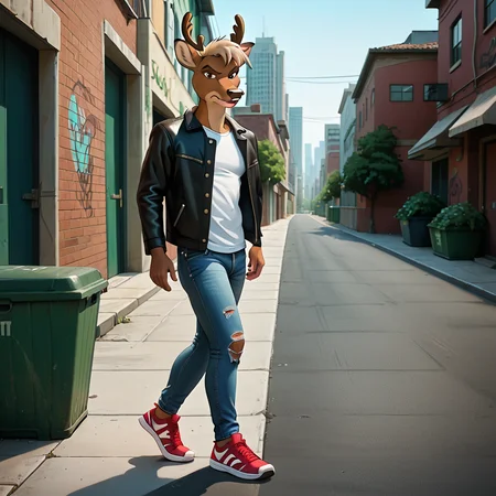 <lora:ArrowRud98_modified:1>, <lora:StS_PonyXL_Detail_Slider_v1.4_iteration_3:3>, ArrowRud98, reindeer, brown eyes, small antlers dark brown mascara, thin eyebrows, blond hair, (anthro), male, outdoors, solo, (red sneakers, shiny black leather jacket, white t-shirt, ripped denim jeans, ((feet are unseen)), (mouth closed, looking at viewer,) walking on side walk, (8k, sharp details, ultra detailed, best quality, score_7, score_8, score_9, shaded), ((side view, facing left, head facing left,) city background, litter on road, ((frowning, annoyed)), green light post, alleyway in background, graffiti on building, ((green dumpster in alleyway)), brown iris, brown eyes, black pupils,