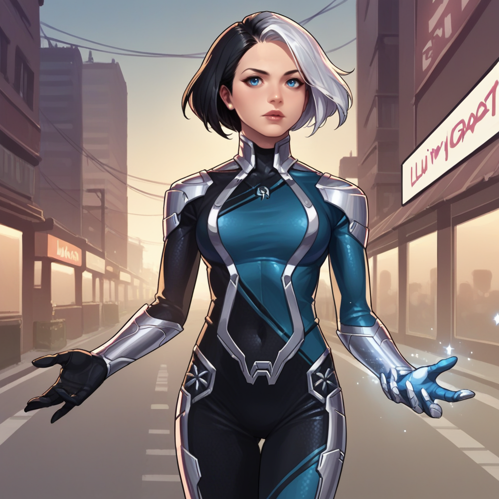 score_9, score_8_up, score_7_up, score_6_up, score_5_up, score_4_up, zPDXL2,source_anime,rating_questionable,1girl, solo, cowboy shot, urban night, <lora:Luna_Snow_-_Marvel:0.8> LunaSnow, short hair, multicolored hair, white hair, black hair, blue eyes, lips, bodysuit, jewellery,