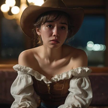 Best quality, masterpiece, ultra high res, panorama, character portrait, very wide shot, narrow waist, cowboy shot night, close-up, streaming tears, indoor, dust, Tyndall effect, sad, disappointed, sitting, crying, frown, nervous, tearing up, lonely, white jabot, off shoulder, brown eyes, highly detailed <lora:style_lora_dadaptadam_realis-step00002600:0.5>