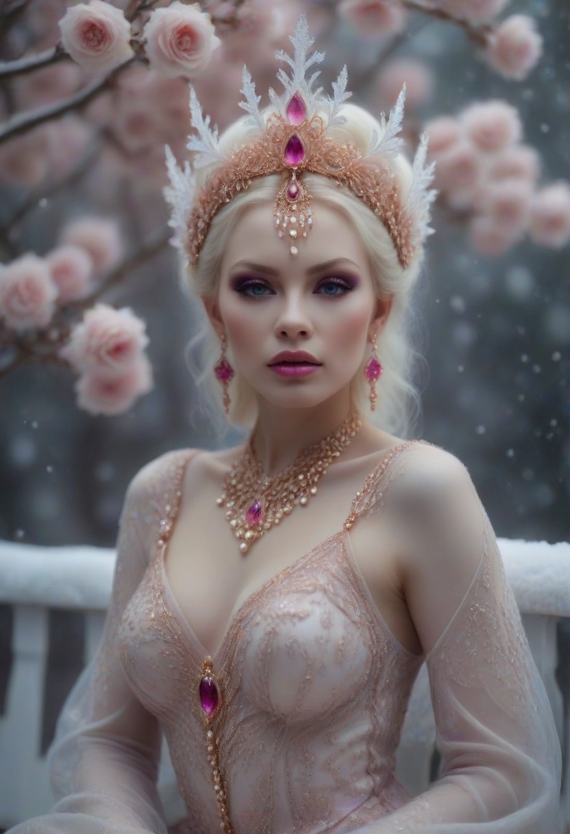 1female, 45 years old, Chubby, snub nose, Silvia saint look,  big breasts, (delicate face, beautiful eyes, natural, eye contact), 
Real sharp photo, snowing, snowflakes in the air, blurred background, Black, pink, fuchsia, white portrait of a gorgeous sexy princess, caucasian, white milky makeup, ethnic long dress with floral gowns, pink high heels, hair ornament made of blooming flowers, crystals, blurry background, tiara, earrings, facing the viewer, ((sits on a romantic enchanted white bench, showing her left legg)), amidst snowflakes, rose gold minerals, shiny aura, highly detailed, frozen organically grown crystals, gold and pearl filigree, intricate motifs, organic tracery, Kirnan Shipka, Januz Miralles, Hikari Shimoda, glowing stardust by W. Zelme. A mesmerizingly enchanting scene unfolds in this cinematic film still.
full body photo, scenic, shallow depth of field, vignette, highly detailed, high budget Hollywood film, bokeh, cinemascope, moody, epic, gorgeous, film grain, Canon EOS R,Canon RF 85mm F1.2L USM, ISO 100