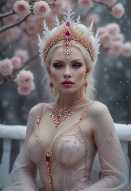 1female, 45 years old, Chubby, snub nose, Silvia saint look, big breasts, (delicate face, beautiful eyes, natural, eye contact),
Real sharp photo, snowing, snowflakes in the air, blurred background, Black, pink, fuchsia, white portrait of a gorgeous sexy princess, caucasian, white milky makeup, ethnic long dress with floral gowns, pink high heels, hair ornament made of blooming flowers, crystals, blurry background, tiara, earrings, facing the viewer, ((sits on a romantic enchanted white bench, showing her left legg)), amidst snowflakes, rose gold minerals, shiny aura, highly detailed, frozen organically grown crystals, gold and pearl filigree, intricate motifs, organic tracery, Kirnan Shipka, Januz Miralles, Hikari Shimoda, glowing stardust by W. Zelme. A mesmerizingly enchanting scene unfolds in this cinematic film still.
full body photo, scenic, shallow depth of field, vignette, highly detailed, high budget Hollywood film, bokeh, cinemascope, moody, epic, gorgeous, film grain, Canon EOS R,Canon RF 85mm F1.2L USM, ISO 100