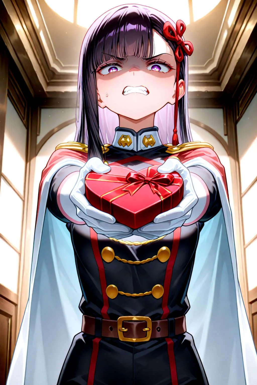 1girl,yamashiro ren,mato mato seihei no slave,white gloves,pantyhose,cape,belt,<lora:yamashiro_ren:0.9>,valentine's day,(angry:0.7),looking at viewer,holding chocolate,standing,clenched teeth,shaded face,<lora:illustrious_noobai_epsilon_pred_11_very_aesthetic_v1:0.5>,<lora:ponyv5_noobV065S_1_adamW:0.5>,indoors,upper body,outstretched arms,
masterpiece,best quality,amazing quality,very aesthetic,absurdres,(anime coloring:0.7),dutch angle,<lora:spo_sdxl_10ep_4k-data_lora_webui:1>,<lora:add-detail-xl:1>,