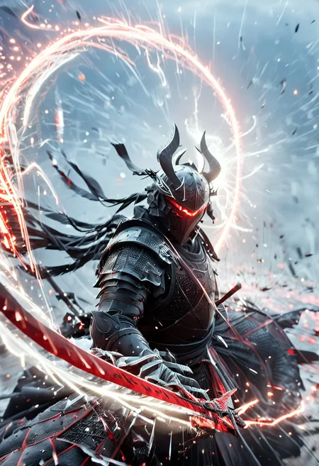 1man, armored samurai in black samurai armor, wearing samurai helmet and armor, Incoming sword, broken glass, brave perspective, reflection, glowing lightning slash, red katana, red lightning, shatter, holding sword, glowing sword, motion blur, emphasis line, outdoor in the darkness, looking at viewer,