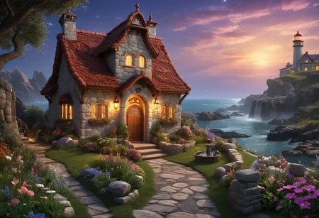 award winning, (professional photo) of (cozy fantasy lighthouse home) with enchanted stonework, tiled roof with dragon scales, Clay walls, arched windows with wooden shutters, heavy wooden door with runic carvings, glowing candles hanging herbs and flowers, wishing well mystical fountain, located in a starlit meadow, where the flowers seem to glow under the light of the stars and the air is cool and refreshing, filled with the scent of night-blooming flowers, at twilight, , creative, beautiful, vibrant, masterpiece, 64k, UHD, HDR, full view, atmospheric lighting, extremely detailed