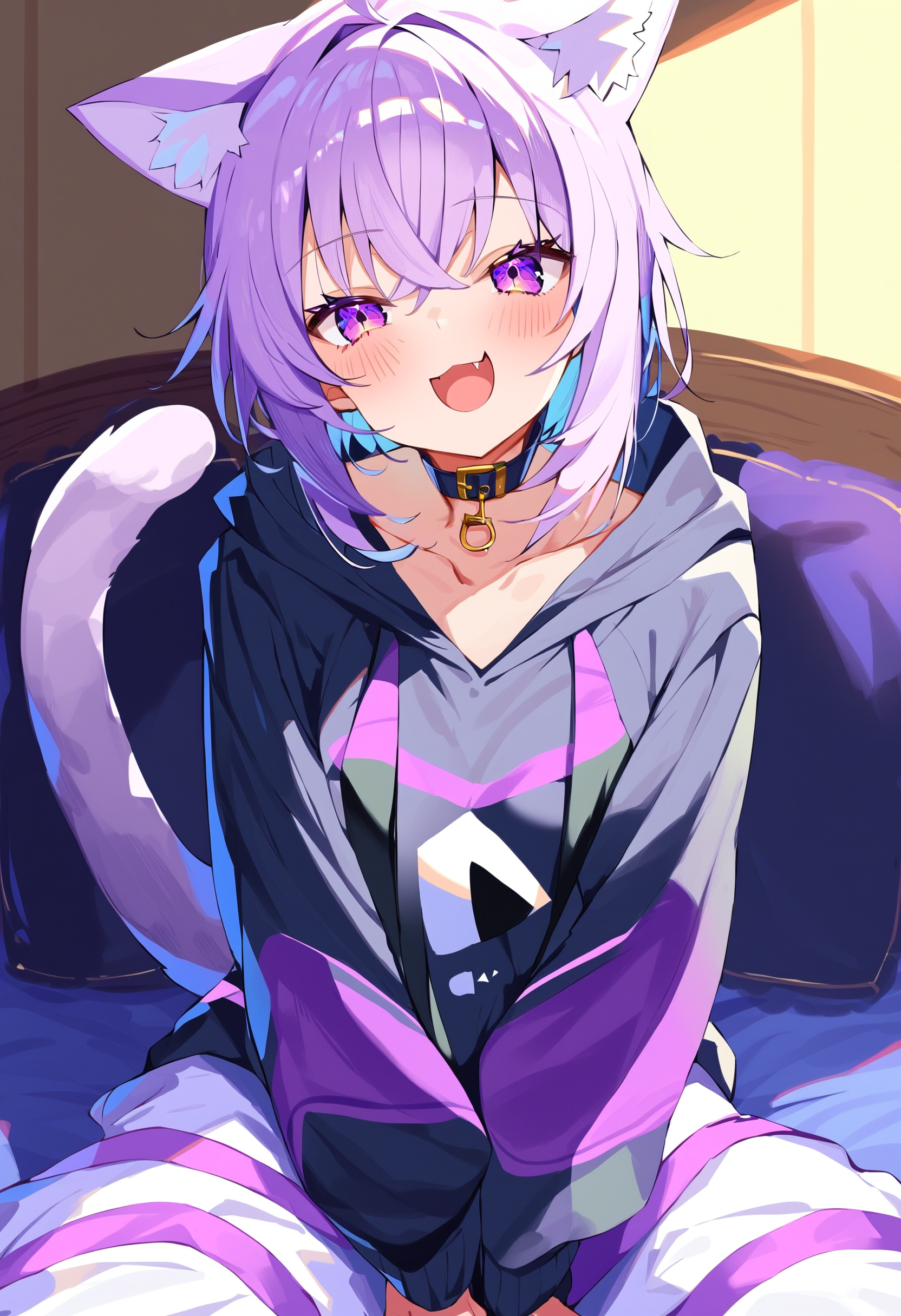 uyakopnxl, nekomata okayu, nekomata okayu \(1st costume\), 1girl, cat tail, solo, ahoge, looking at viewer, blush, black hoodie, white pants, collarbone, animal collar, cowboy shot, drawstring, hood down, sitting, indoors, laughing, fang,
score_9, score_8_up, score_7_up, score_6_up, source anime, masterpeice, best quality, very aesthetic, absurdres
<lora:nekomata_okayu:1>
