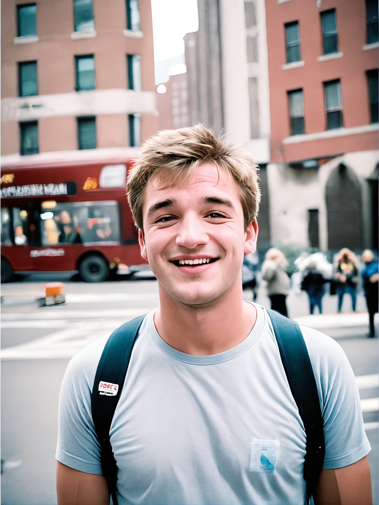 michaelsynth:0.3 man portrait, closeup:2, face focus, in the city, laughing