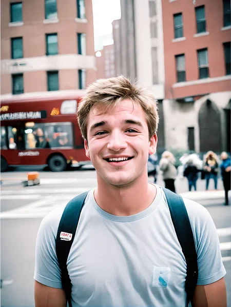 michaelsynth:0.3 man portrait, closeup:2, face focus, in the city, laughing
