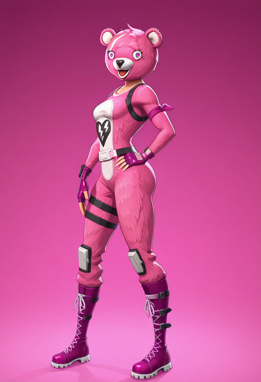 cuddleteamleaderillust, 1girl, solo, small breasts, front profile, looking at viewer, bodysuit, bear suit, pink fur, pink gloves, mask, broken heart symbol, pink boots, gloves, fingerless gloves, boots, bear, pink eyes, open mouth, heart, animal ears, animal costume, fortnite,  <lora:CuddleTeamLeaderIllust:0.8>
