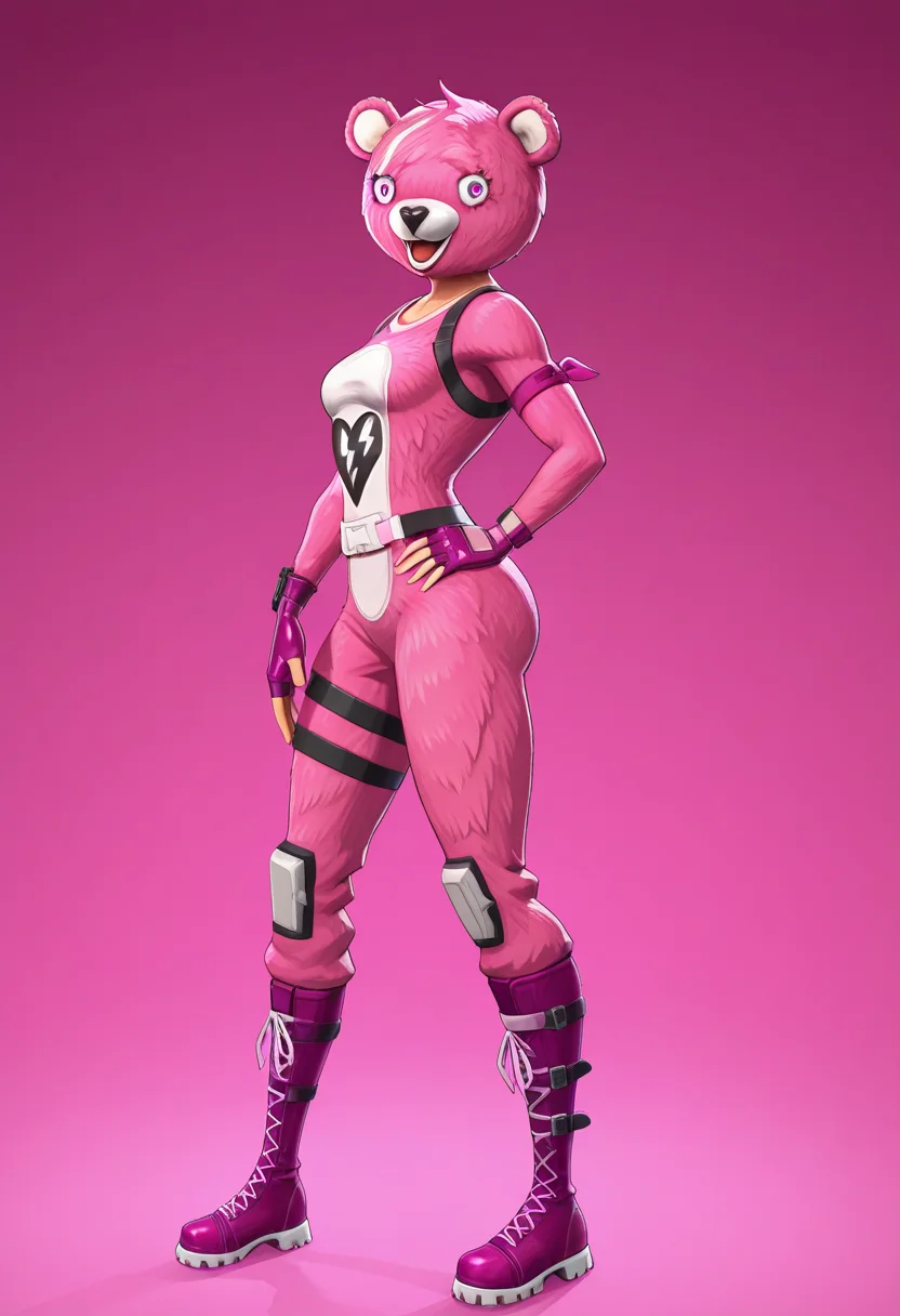 cuddleteamleaderillust, 1girl, solo, small breasts, front profile, looking at viewer, bodysuit, bear suit, pink fur, pink gloves, mask, broken heart symbol, pink boots, gloves, fingerless gloves, boots, bear, pink eyes, open mouth, heart, animal ears, animal costume, fortnite, <lora:CuddleTeamLeaderIllust:0.8>