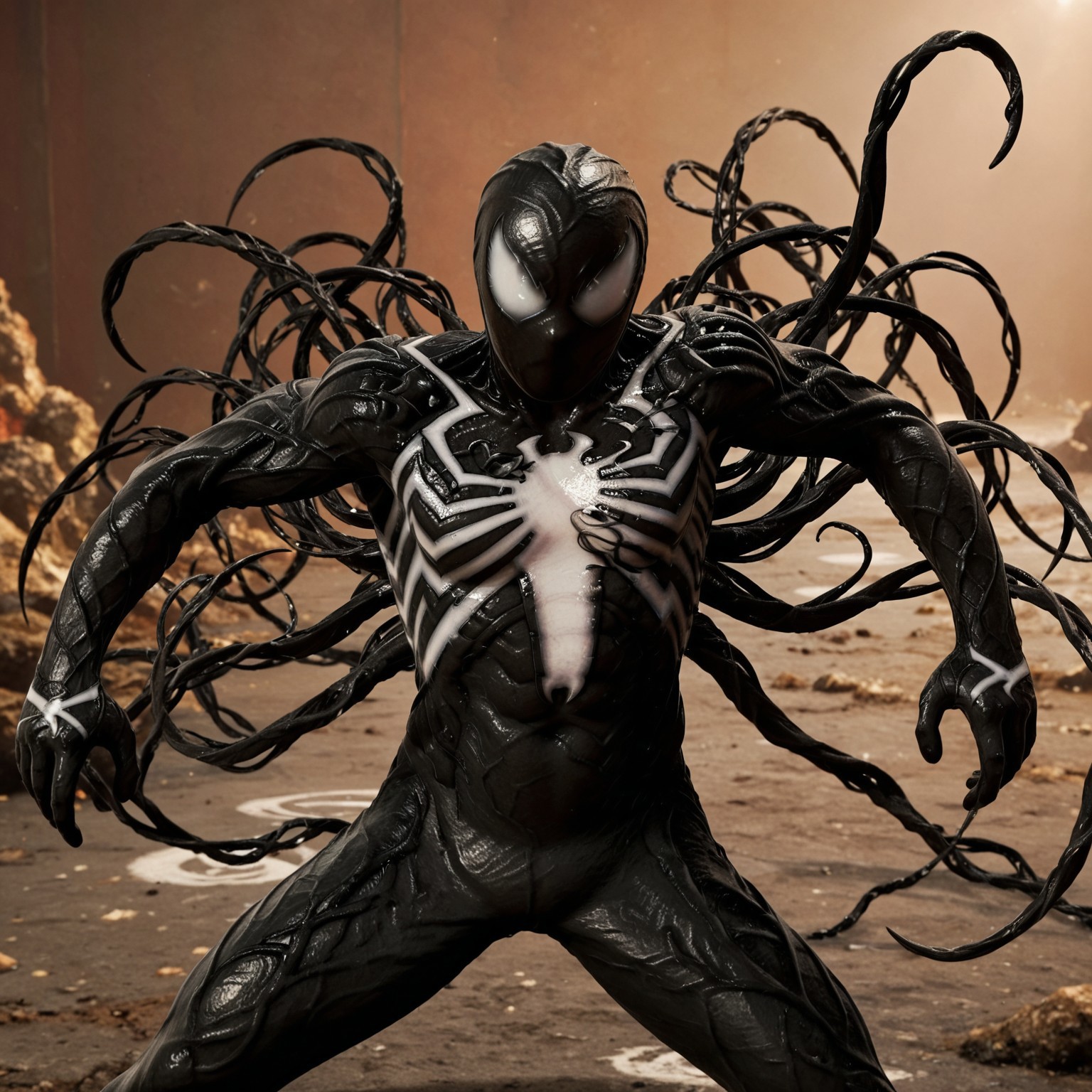 symbiote suit, black suit, black, venom logo, black mask, white eyes, white patches on hands, fighting pose, black webs, skinny, symbiote tendrils 
