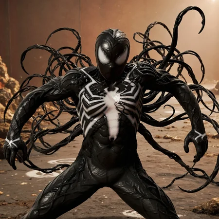 symbiote suit, black suit, black, venom logo, black mask, white eyes, white patches on hands, fighting pose, black webs, skinny, symbiote tendrils