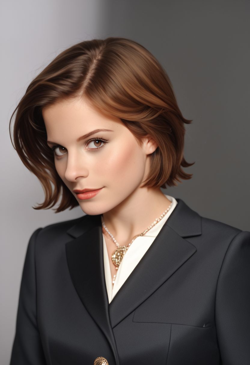 Masterpiece, (hasselblad 907x, sharp focus), photo-portrait, (3/4 view:1.5), (from above:0.8), (upper body:1.2), gorgeous woman, detailed face, short hair, <lora:Kate:1.8>, elegant, breathtaking, award winning photography, cinematic lighting,
