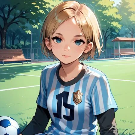 anime coloring, score_9, score_8_up, score_7_up, score_6_up, Sarah-Miller, TLOU, 1girl, solo, looking at viewer, short hair, shirt, blonde hair, blue soccer uniform, sitting, vertical white striped shirt, at the park, upper body. holding sports medal, posing