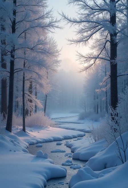 A remote, deep forest where the trees are frozen under a thick layer of frost. The branches are covered with heavy, glittering ice that shimmers in all the colors of the rainbow in the faint dawn light. The ground is covered with a thick layer of snow, streaked with fine ice crystals that sparkle in the light like tiny diamonds. In the background, a winding river can be seen, the water so cold that it has frozen into delicate, round ice crystals at the edges. A fine mist hangs over the river, giving the scene a mystical atmosphere. The sky above is gloomy and gray-white, with only a faint glimmer of sunlight breaking through the dense treetops and making the layers of ice glitter. There is no wind in this landscape, and the silence is overwhelming—only the faint crunching of ice and snow can be heard. The frost leaves everything in an icy, almost magical stillness, as if time itself has been frozen here. It is a scene that captures the pristine beauty and quiet, fragile power of ice in its purest form.