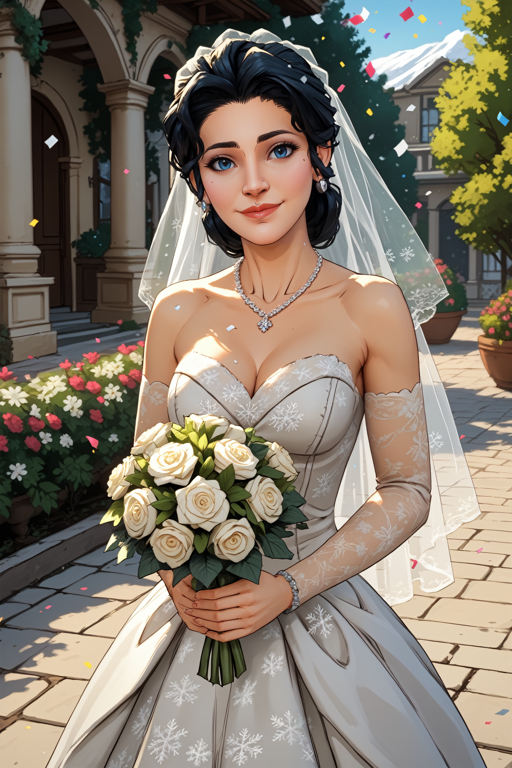 score_9, score_8_up, score_7_up,
<lora:WolfSnow:0.8>
WolfSnow, 1girl, black hair, blue eyes, looking at viewer, garden, wedding dress, necklace, smile, bouquet, day, confetti, cowboy shot, standing