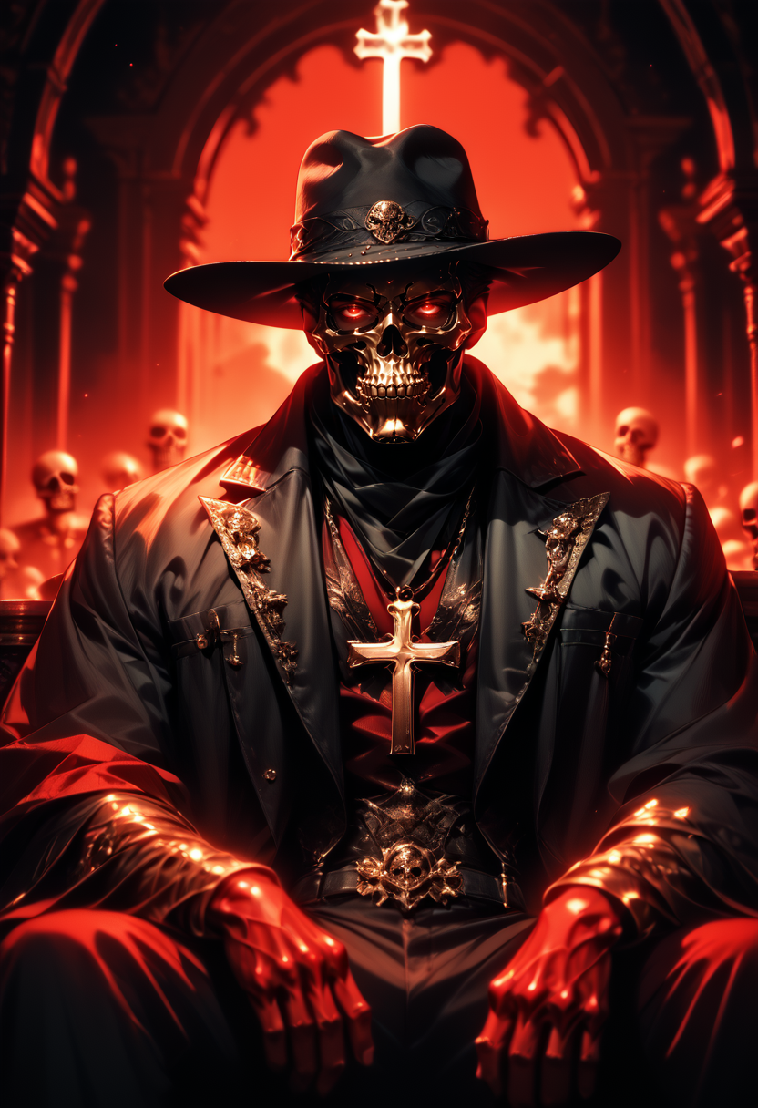 (score_9, score_8_up), score_7_up,  1boy, hat, jewelry, sitting, male focus, golden necklace, vest, coat, mask, glowing, glowing eyes, black skull, skeleton, night, crimson sky, red theme, black coat, dark, black sky, fedora, high contrast, dark lighting, mask, cinematic, cross necklace,
blurry, depth of field, CINE,
<lora:CINE-000012:0.8>  <lora:wildywest-000009:0.5>
