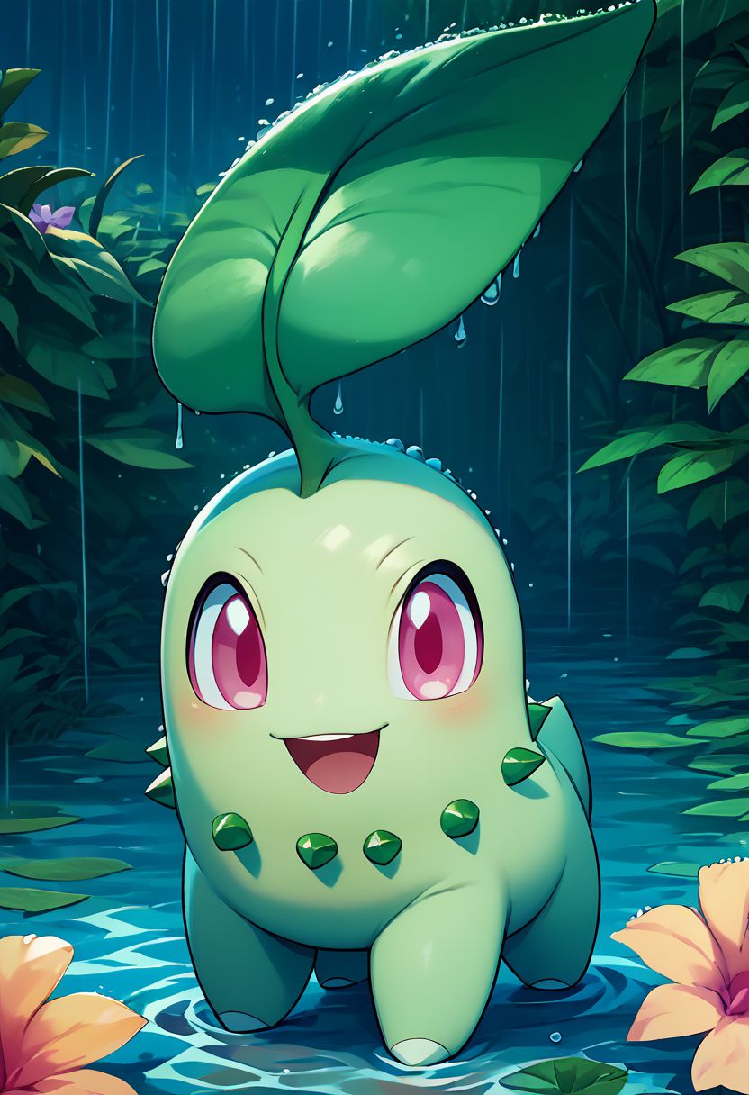 score_9, score_8_up, score_7_up,  vivid bright colors, 
zzChikorita, looking at viewer, smile, open mouth, standing, full body, flower, :d, outdoors, pink eyes, happy, rain, water drop, hydrangea