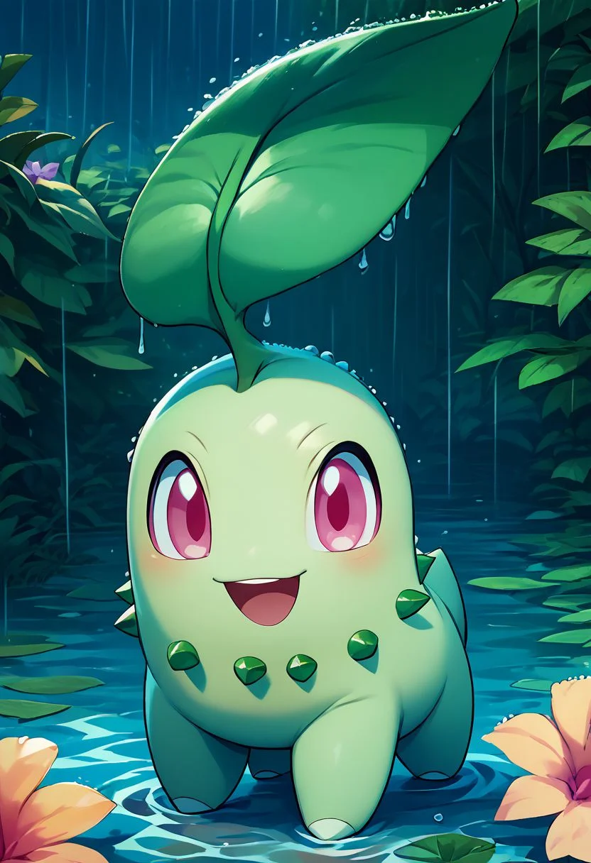 score_9, score_8_up, score_7_up, vivid bright colors,
zzChikorita, looking at viewer, smile, open mouth, standing, full body, flower, :d, outdoors, pink eyes, happy, rain, water drop, hydrangea