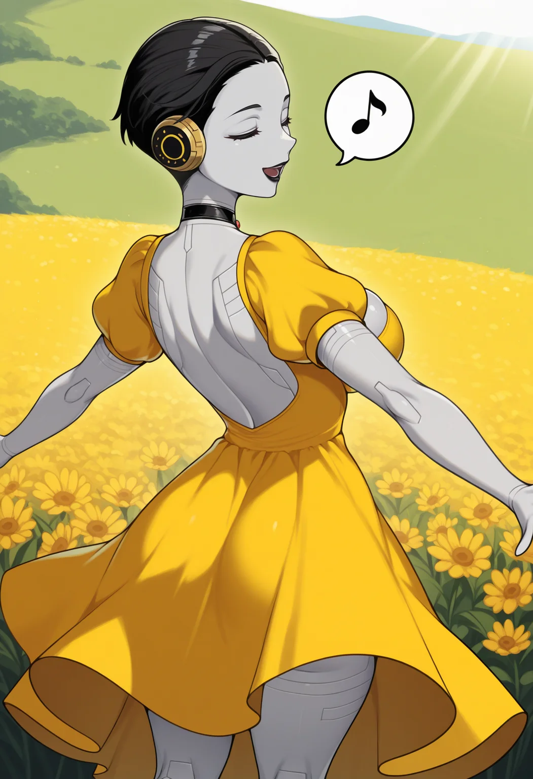 masterpiece, best quality, 1girl, solo, from behind, looking back, :d, spoken musical note, <lora:SophiaSMT-illu:1> s0phia, black hair, hair pulled back, very short hair, grey skin, closed eyes, black lips, black choker, (robot ears:0.8), yellow sundress, back cutout, puffy short sleeves, large breasts, spread arms, field, outdoors, sunlight, kneepits