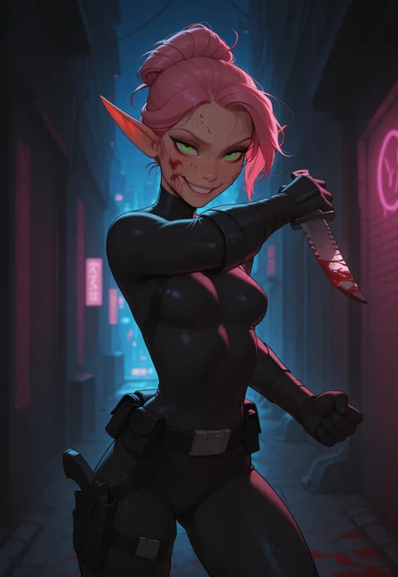 masterpiece, best quality, amazing quality, very aesthetic, DISNEY_ANIMATION, incoth, (incase:0.6), female, solo, (depth of field), outdoors, city, alley, cyberpunk, night time, cowboy shot,
elf, pink hair, green eyes, cute face, slender, small breasts, updo hair, beautiful, kawaii, (small ears), blood on face,
black bodysuit, assassin, ninja, black gun holster, black utility belt, blood splattered combat knife,
standing, dynamic pose, looking at viewer, fighting pose, evil smile,