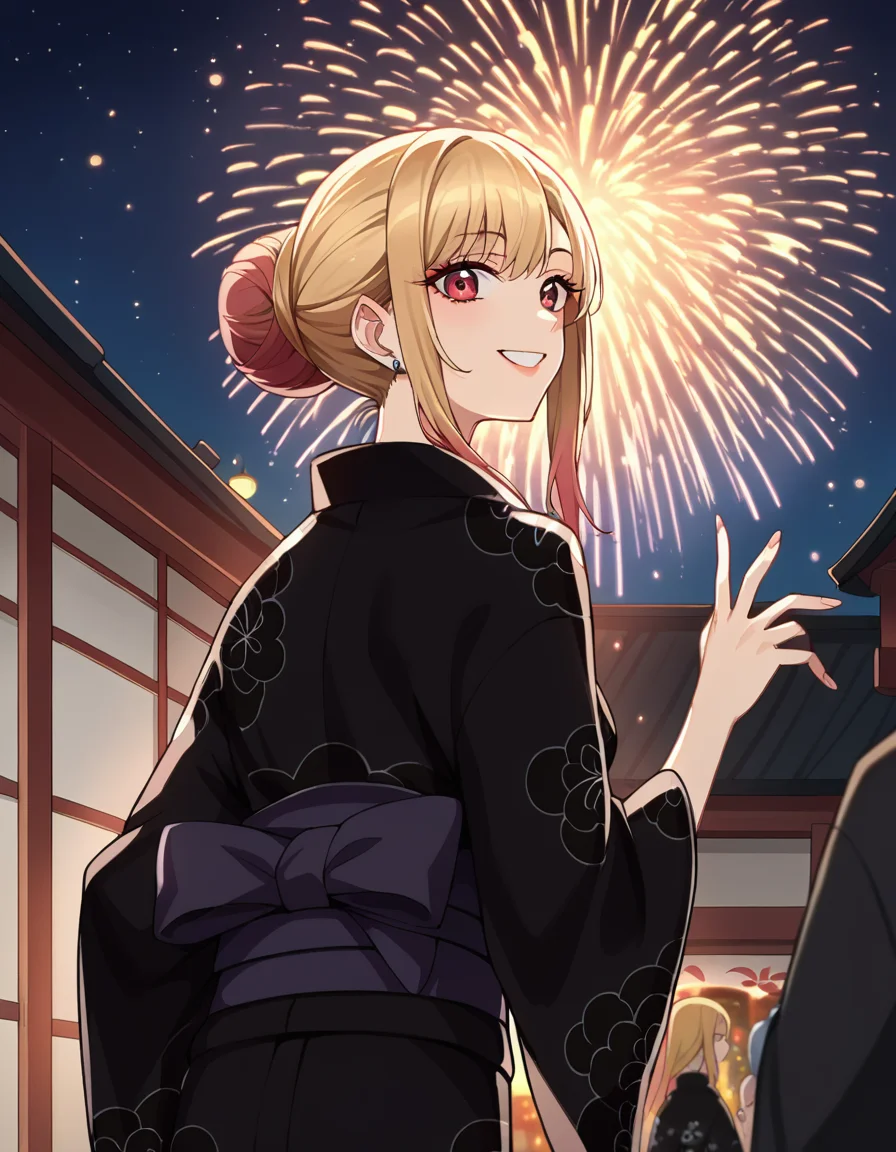 score_9, score_8_up, score_7_up, source_anime,
marinkitagawa, <lora:marin-kitagawa-ponyxl-lora-nochekaiser:1>,
marin kitagawa, long hair, bangs, blonde hair, red eyes, multicolored hair, smile,
japanese clothes, kimono, bag, sash, obi, floral print, yukata, (black kimono:1.5), hair bun, single hair bun,
outdoors, shrine, fireworks, festival, night sky, moon, starry sky,
looking at viewer, cowboy shot, dutch angle, dynamic pose,