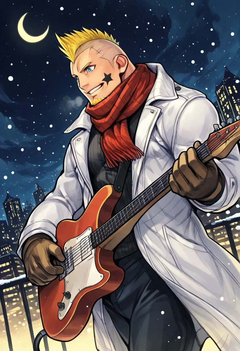 mbti_esfp, very awa, mbtiesfp, 1boy, blonde, short hair, black star on face,, black jacket, (white winter coat), red winter scarf, brown gloves, black turtleneck shirt, looking at viewer, smirk, grin, happy, brawlStars, in the amusement park, pants, portrait, half body, upper body, blue eyes, shaved mohawk, source_cartoon, 2d, vector_art, celshading, flat color, bara, manly, muscular, 3/4 view, night sky, aurora in the sky, snow, playing guitar, {{holding red electric guitar}}, in the concert, ((floating colorful muscial notes)), snowstorm, Side View, Pec focus, left view, warm lighting, with people walking background, {{colorful glowing musical notes}}, yellow eyebrows, yellow chin hair, facial hair, dutch angle, winter forest trees, city nightscape, colorful neon lights, {{yellow goatee}}, highlight, highlighted eyes, brwlstrs, 2zdxxps, highlights, highlighted details, highlighted eyes, Crescent Moon, Moonlight, Night Clouds, ntsy