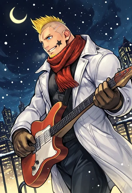 mbti_esfp, very awa, mbtiesfp, 1boy, blonde, short hair, black star on face,, black jacket, (white winter coat), red winter scarf, brown gloves, black turtleneck shirt, looking at viewer, smirk, grin, happy, brawlStars, in the amusement park, pants, portrait, half body, upper body, blue eyes, shaved mohawk, source_cartoon, 2d, vector_art, celshading, flat color, bara, manly, muscular, 3/4 view, night sky, aurora in the sky, snow, playing guitar, {{holding red electric guitar}}, in the concert, ((floating colorful muscial notes)), snowstorm, Side View, Pec focus, left view, warm lighting, with people walking background, {{colorful glowing musical notes}}, yellow eyebrows, yellow chin hair, facial hair, dutch angle, winter forest trees, city nightscape, colorful neon lights, {{yellow goatee}}, highlight, highlighted eyes, brwlstrs, 2zdxxps, highlights, highlighted details, highlighted eyes, Crescent Moon, Moonlight, Night Clouds, ntsy
