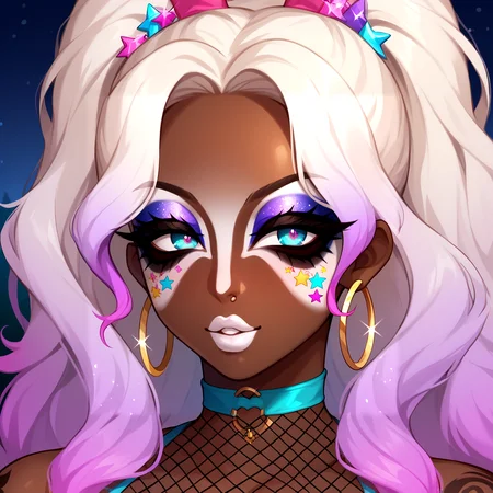 Score_9, score_8_up, score_7_up, score_6_up,  source_anime, 1girl, solo, long hair, night street background, godrays, neon glow, gradient hair, highlights, hoop earrings, dark-skinned female, tattoo, colored skin, BREAK, (yamanba, white facepaint makeup),  star stickers, heart stickers, pursed lips, parted lips, BREAK, eyeshadow, very dark skin, makeup, animal print, fur, fishnets, choker,  (glitter, long eyelashes), slutty clothes, jewelry, white face tattoo, large intricate hair accessories, big voluminous hair, <lora:Yamanba_Face:0.75>