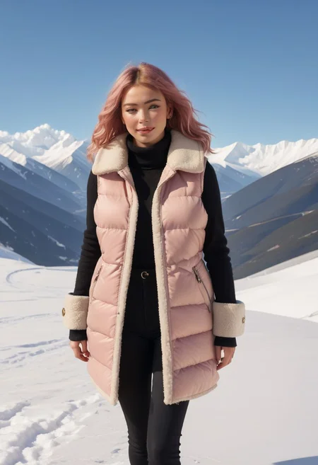 white Oversized shearling padded down vest, white Oversized shearling padded puffer vest, very very cold, realistic, feet out of frame, standing, walking, 1girl, solo, masterpiece, illustration, beautiful detailed sky, beautiful-detailed eyes, eyeliner, eyelashes, arrogant, half-closed eyes, condescending look, condescending satisfied look, condescending light smile, seductive look, lookng at viewer, cinematic light, ultra detailed, disheveled hair, pink hair, long hair, light blue eyes, curly hair, pink choker, bracelet, wet, day, sky, sunlight, (pressure sherpa cuffs:1.8), (pressure sherpa collar:1.8), (Thick padded cuffs:1.4), (Thick padded collar:1.4), <lora:Collar-SDXL:0.75>, <lora:Cuffs-SDXL:0.75>, <lora:fashion_lora:0.6>