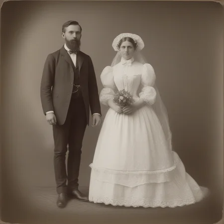 multiple boys, artist name, wedding dress, lace, frills, closed mouth, beard, shirt, husband and wife, bow