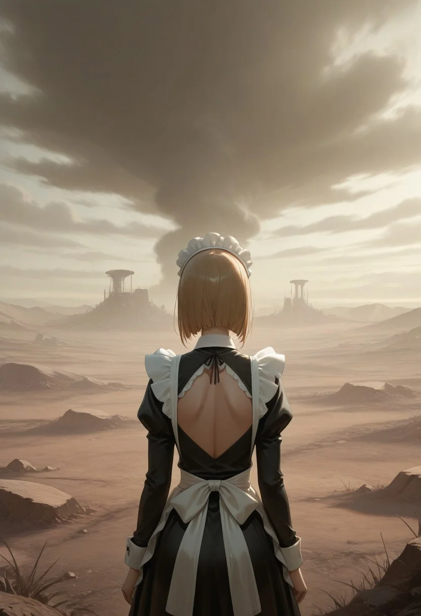 maid, from behind, wasteland, back cutout