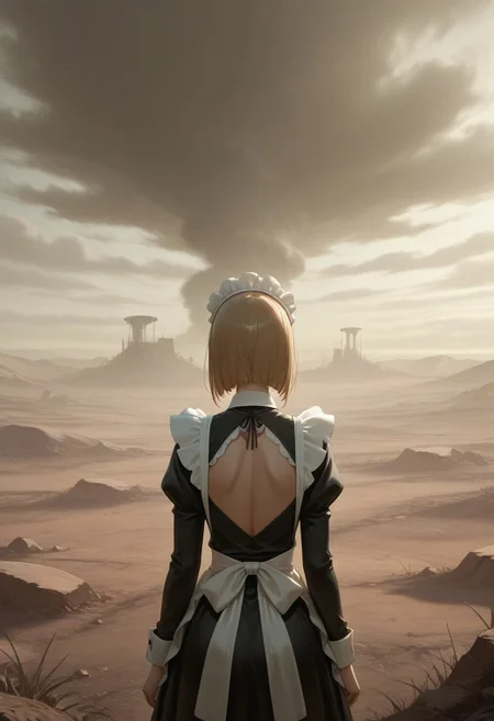 maid, from behind, wasteland, back cutout