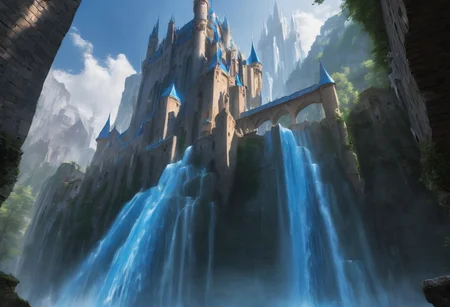 castle floating in the air, a waterfall flows from the castle to the ground, sharp faceted blue crystals decorate the castle, looking up from the ground view, see the underside of the castle