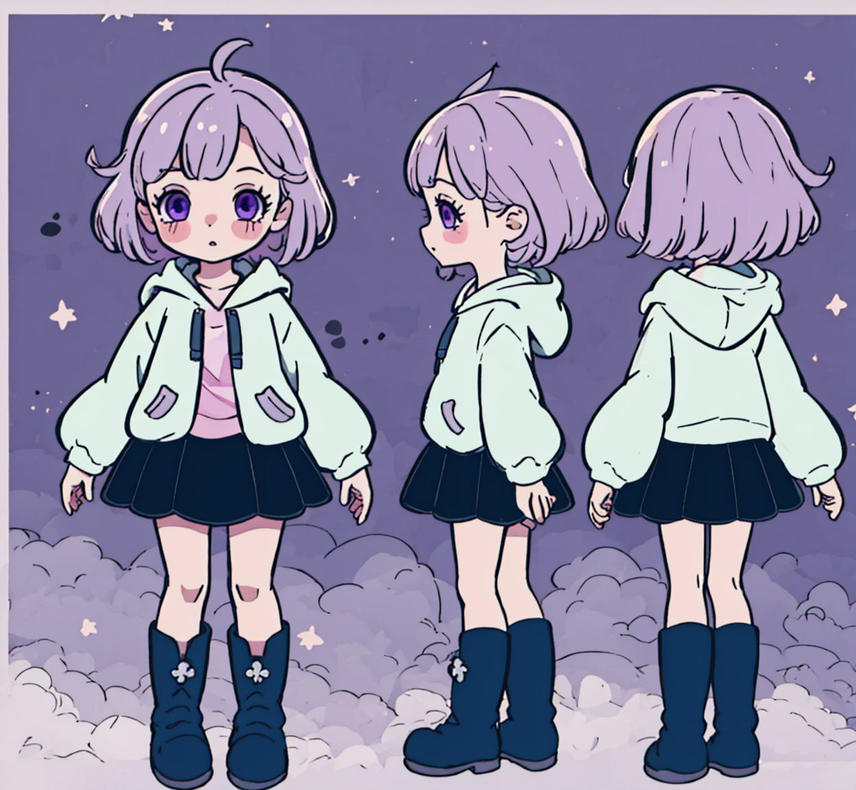 <lora:character-sheet:1.3> chara-sheet, chibi, boots, blush, simple background <lora:KaibastyleV1:1> kaibacharacter, pink hair, winged puffy hoodie, (blue frilly skirt), long striped socks, purple eyes, (masterpiece:1.5, best quality), 8k wallpaper, highres, high resolution,HDR.UHD,Highly detailed, extreme detail  <lora:GoodHands-beta2:0.8>