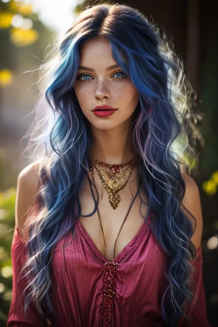 1girl,solo,bellissima, long hair,looking at viewer,blue eyes,jewelry,blue hair,purple hair,parted lips,teeth,necklace,lips,wavy hair,portrait,freckles,realistic