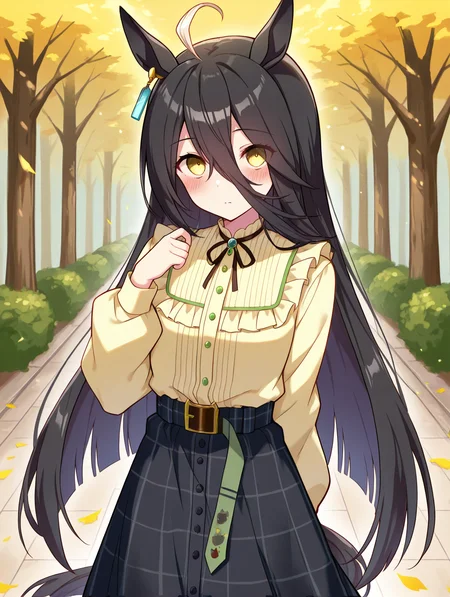 masterpiece,best quality,very aesthetic,absurdres,highres,newest,
mht casual,manhattan cafe (umamusume),
ahoge,animal ears,belt,belt buckle,black hair,black skirt,
buckle,earrings,frilled shirt collar,frills,hair between eyes,
highres,horse ears,jewelry,long hair,multicolored hair,neck ribbon,
ribbon,shirt,shirt tucked in,single earring,skirt,yellow eyes,yellow shirt,
blush,long sleeves,horse girl,black footwear,black pantyhose,
horse tail,pantyhose,tail,black belt,casual,long skirt,
very long hair,plaid,plaid skirt,puffy sleeves,eyebrows visible through hair,eyes visible through hair,
frilled shirt,puffy long sleeves,
eye_focus,<lora:eye_focus:1>,
<lora:umamusume_manhattan_cafe_ill_v1.0:1>,