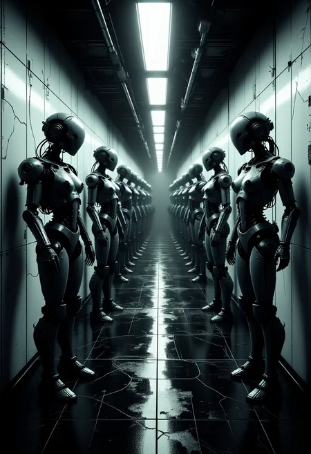 (Dark sci-fi horror corridor, stretching from left to right, with rows of deformed robots standing eerily like mannequins from Silent Hill. Each robot is slightly damaged, with missing parts and unsettling poses, cracked or fractured heads and limbs, casting eerie shadows on the white, cracked walls and black marble floor. The atmosphere is haunting, with dim, cold lighting that enhances the sense of dread, creating a surreal, unnerving corridor scene. Rendered in hyper-realistic detail, the image is smooth and sharp, with every element captured with crystal-clear precision and lifelike clarity. highly detailed, ultra detailed),  <lora: - Flux1 - vanta_black_V1.0:0.5>,  <lora:ck-nc-pastel-cyberpunk:0.6>,  <lora:Neon_Noir_FLUX:0.5>,  <lora:scifi-robot-flux:0.7>,