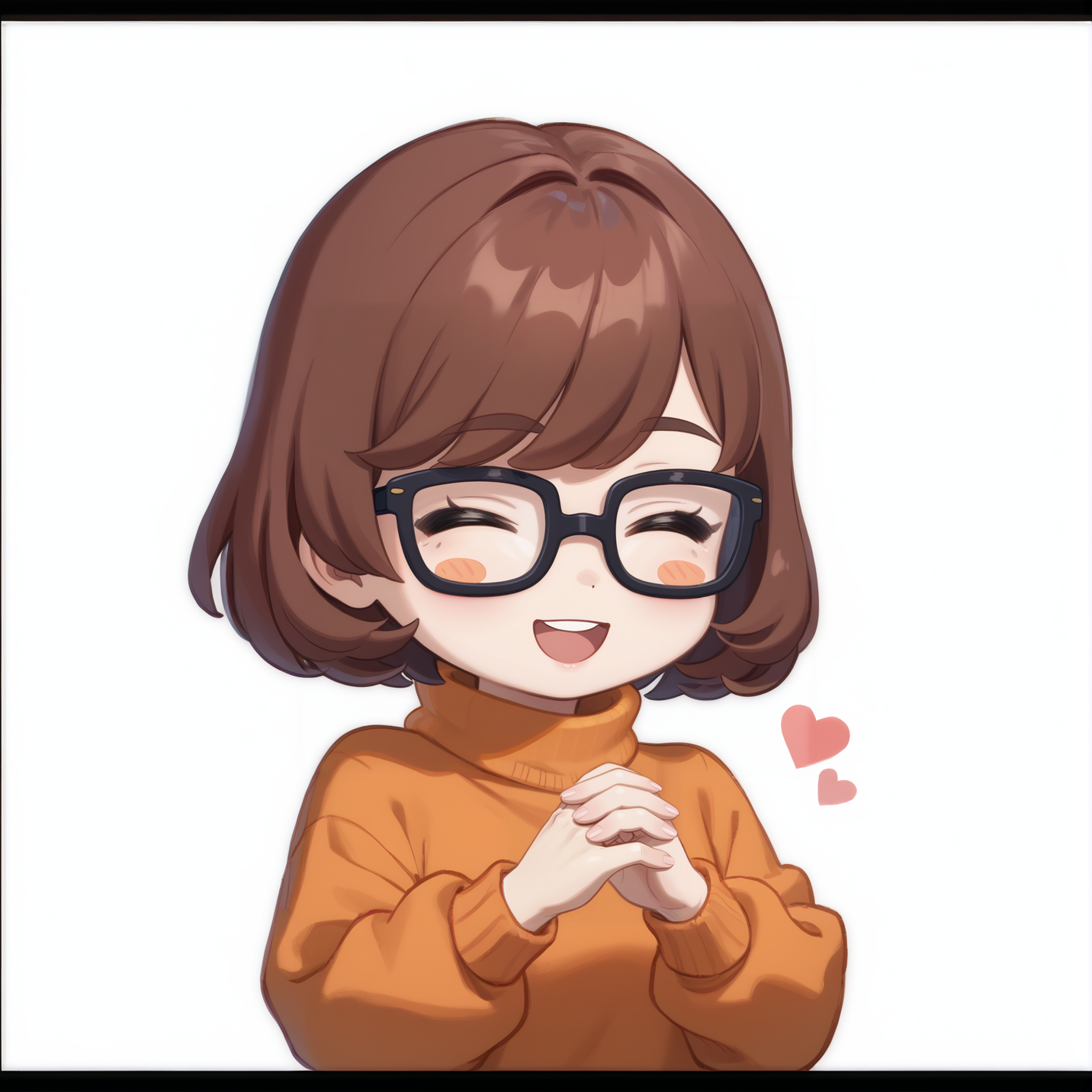 score_9, score_8_up, score_7_up, rating_safe, zPDXL2,  zPDXLxxx, zPDXL3, source_anime, <lora:GenshinChibi:1.2>, 
GenshinChibi, chibi, 1girl, solo, border, black border, velma, brown hair, short hair, orange sweater, sweater, 
blush, smile, open mouth, closed eyes, :d, ^ ^, ^_^, glasses, blush stickers, 
own hands together, palms together, 
white background, 
hearts,  <lora:Velma:0.6>, dutch angle,