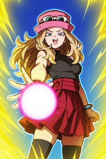 masterpiece, best quality, solo, yellow aura, looking at viewer, open mouth, blonde hair, blue background, spiked hair, smug, aura, super saiyan, charging energy, energy ball, red energy, lightning, zzSerena, solo, long hair, blue eyes, eyewear on headwear, pink headwear, eyelashes, sleeveless shirt, black shirt, bracelet, high-waist skirt, red skirt, black thighhighs, <lora:SerenaPokemonIXL_v2:0.8>, <lora:DBSBroly_Style_IXL_v2:0.8>,